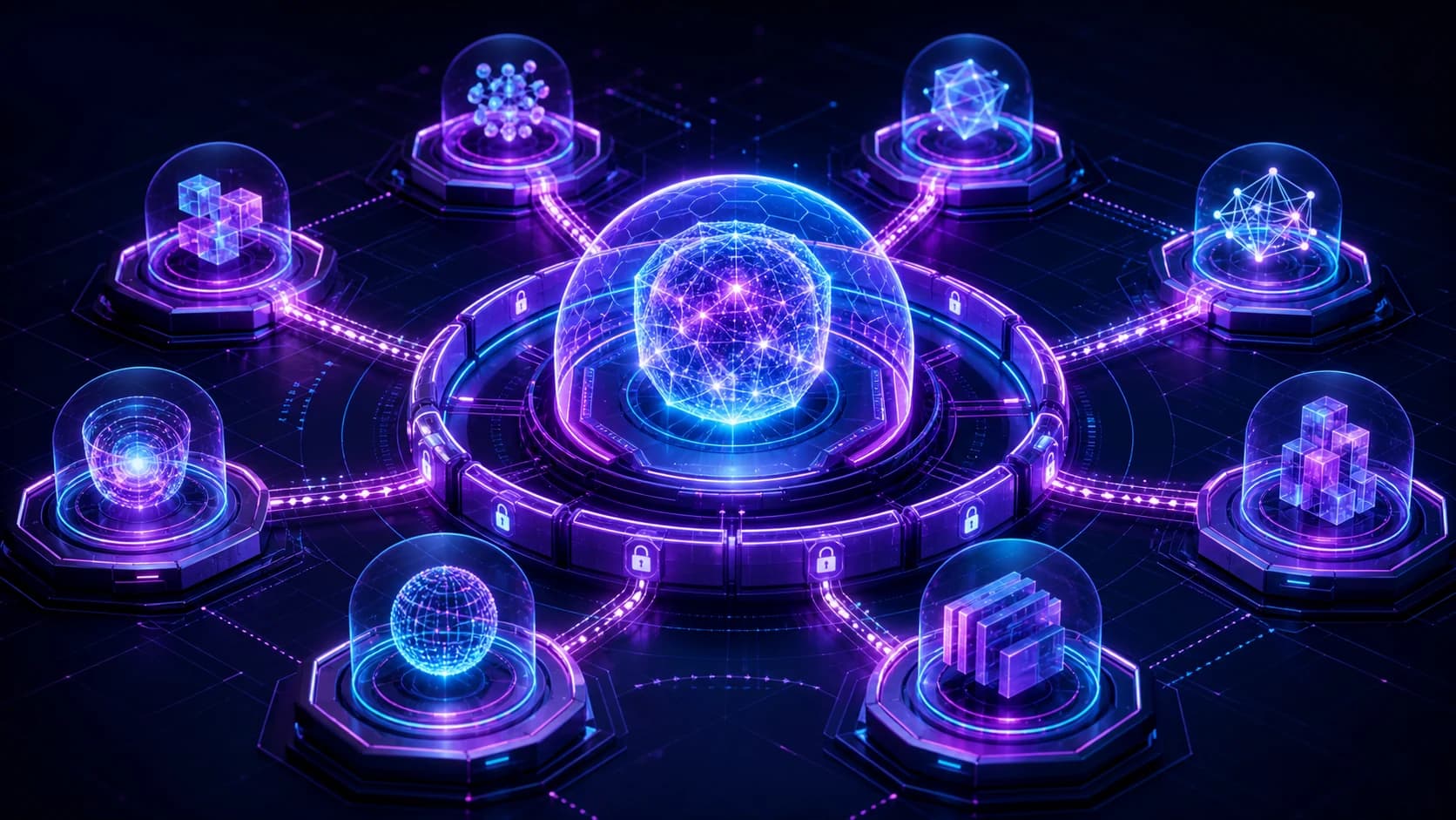 Governed AI core connected to isolated agent nodes