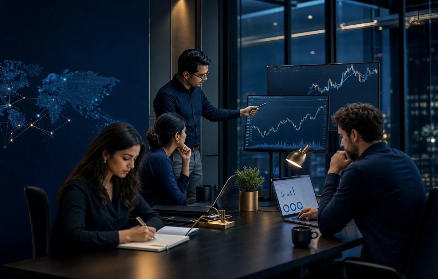Educator, trader, learner, and creator collaborating in a trading education studio